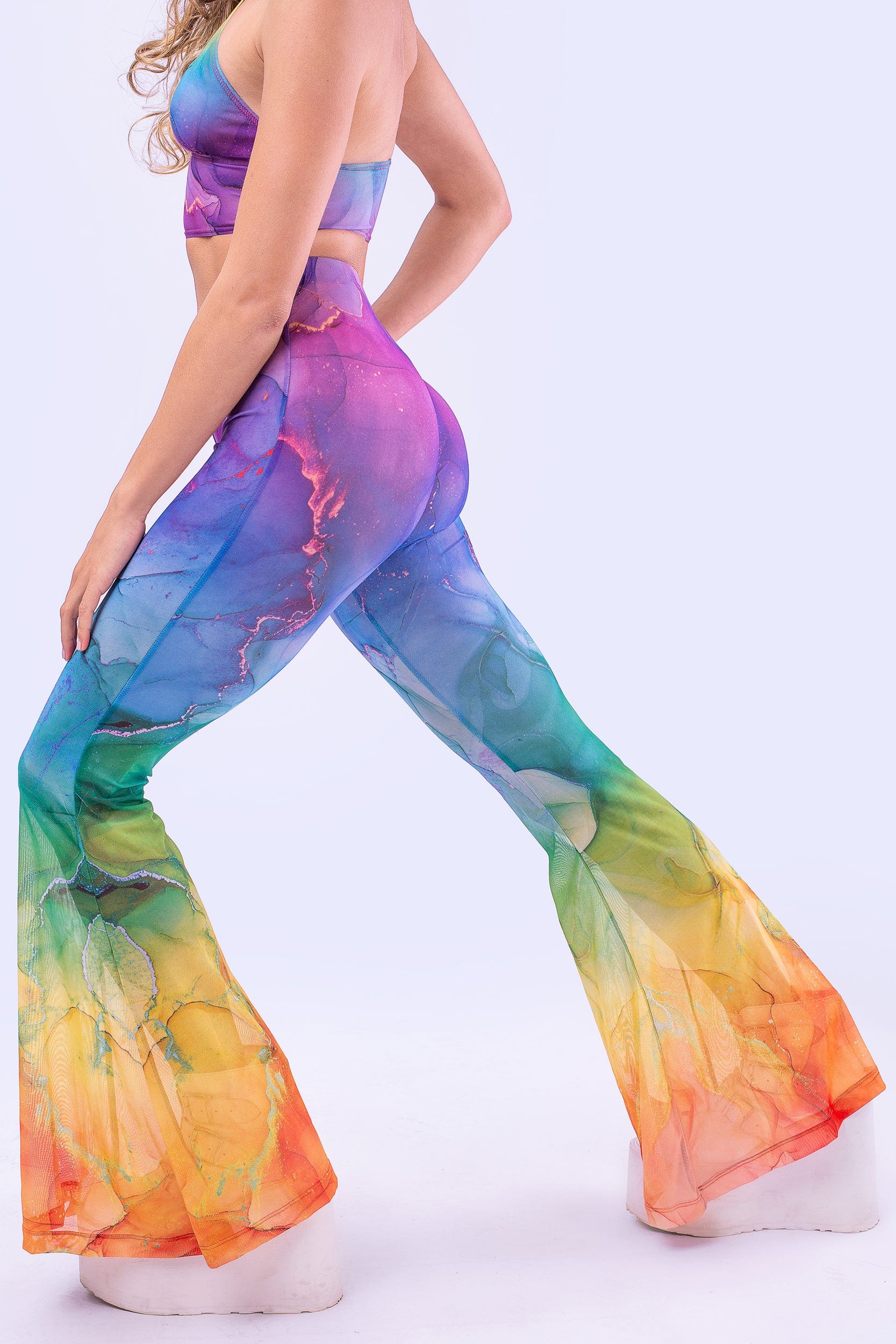 Rainbow Marble Bell Bottom Mesh Pants