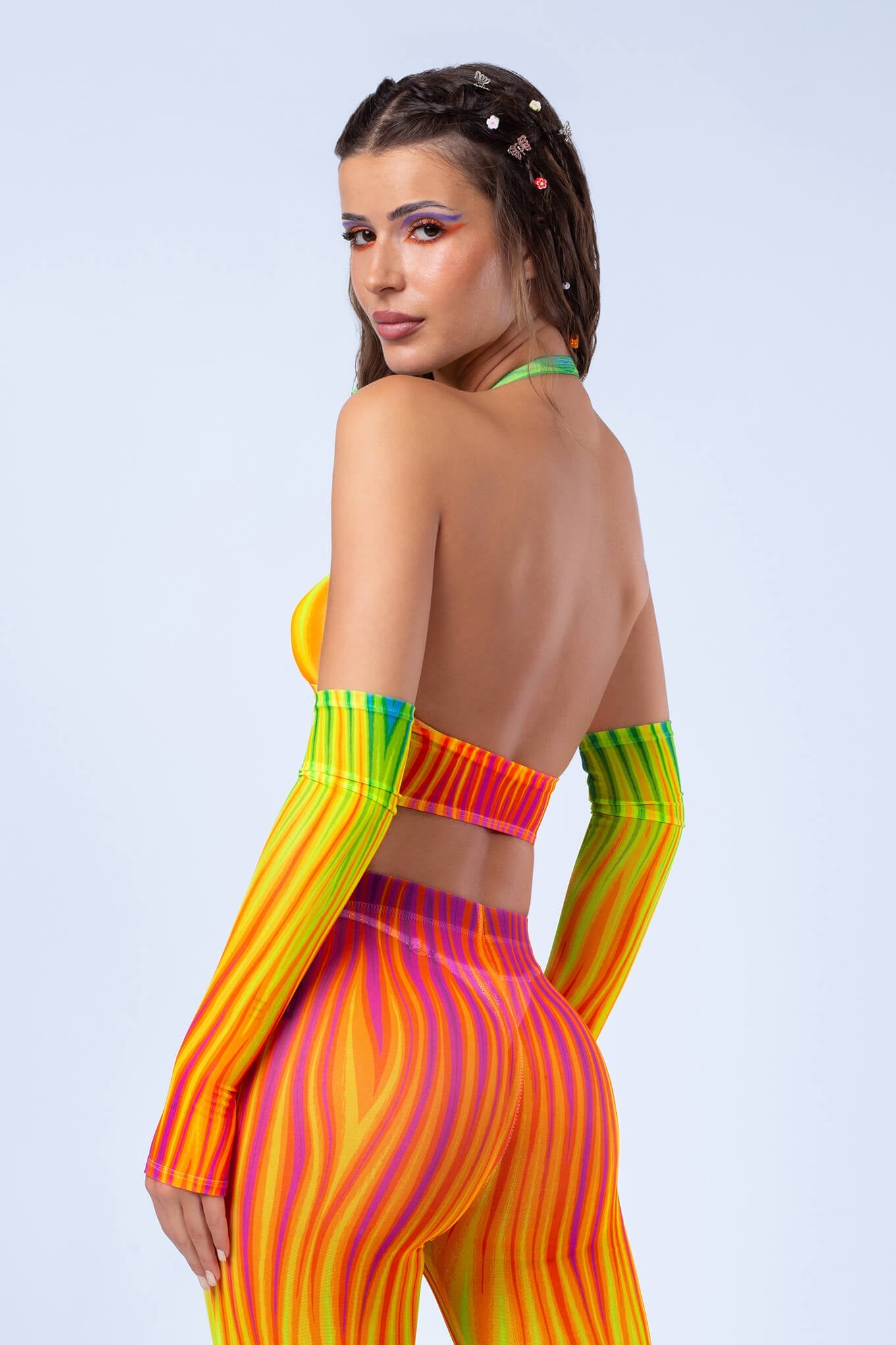 Neon Rainbow Flame Criss Cross Mesh Top