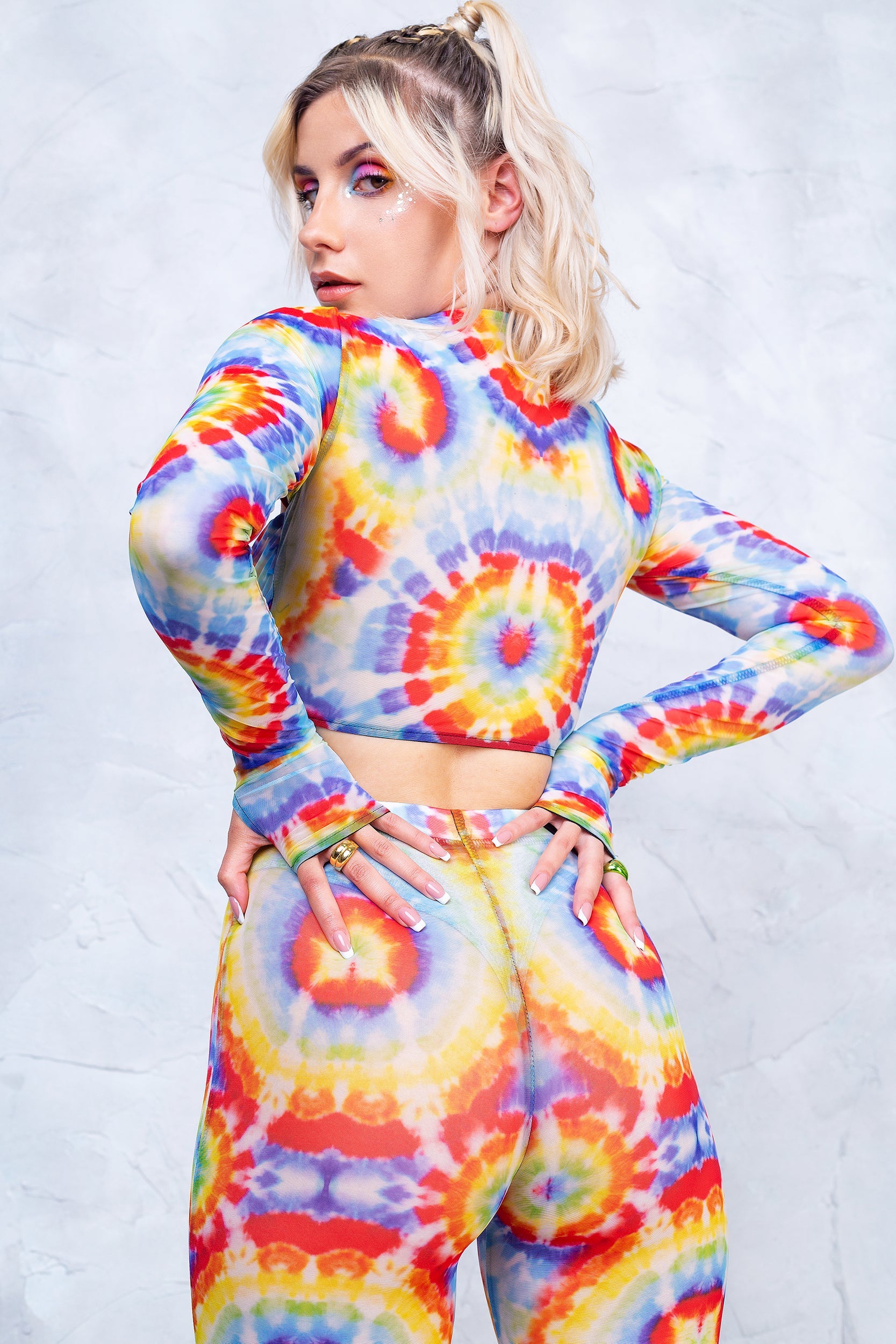 Tie Dye Sleeved Crossed Mesh Top