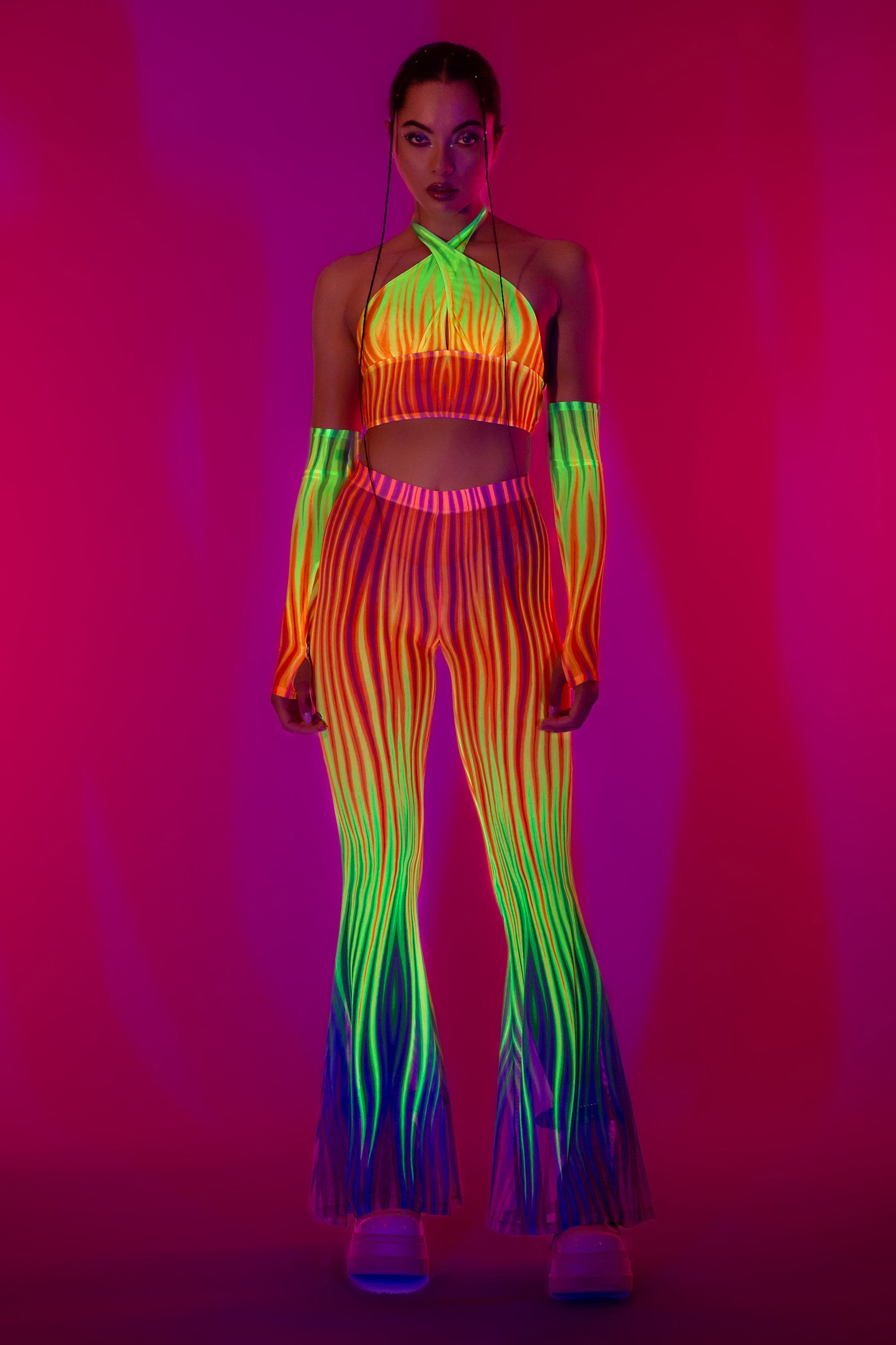 Neon Rainbow Flame Criss Cross Mesh Top