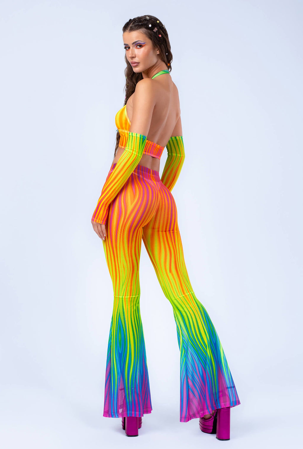 Neon Rainbow Flame Bell Bottom Mesh Pants