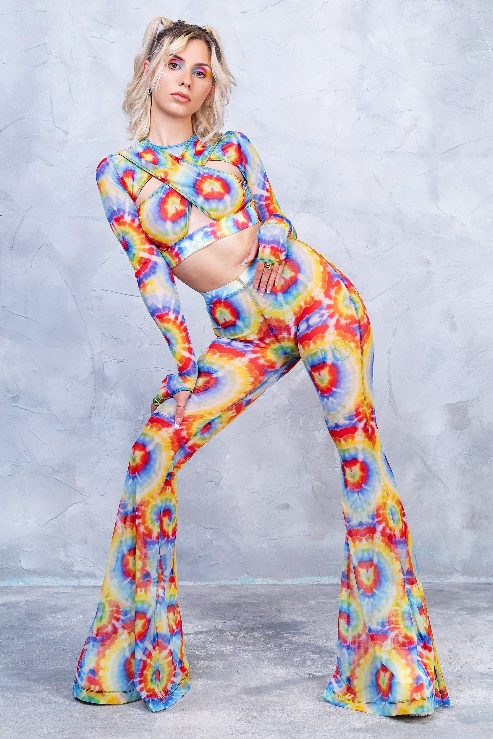Tie Dye Sleeved Crossed Mesh Top