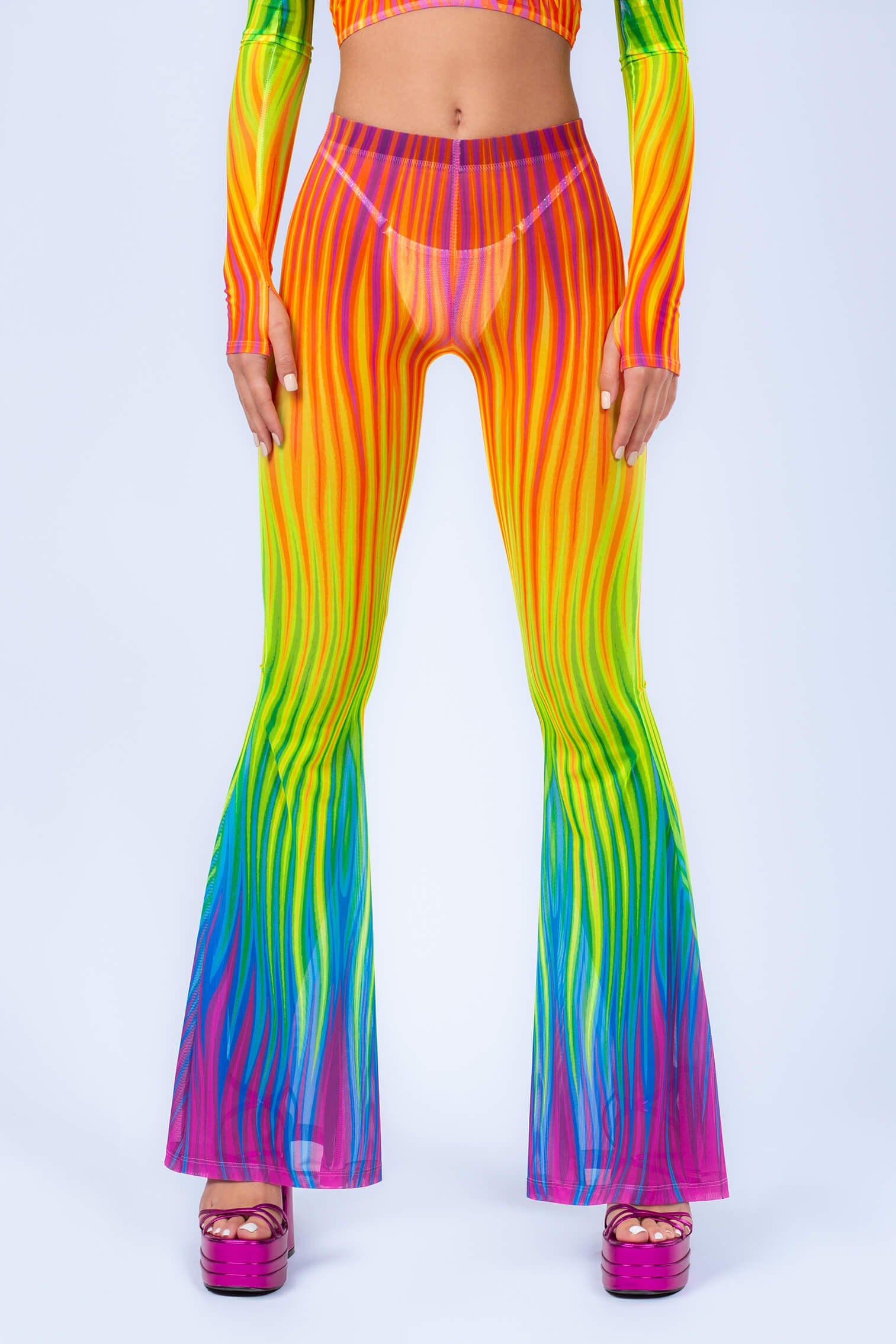 Neon Rainbow Flame Bell Bottom Mesh Pants