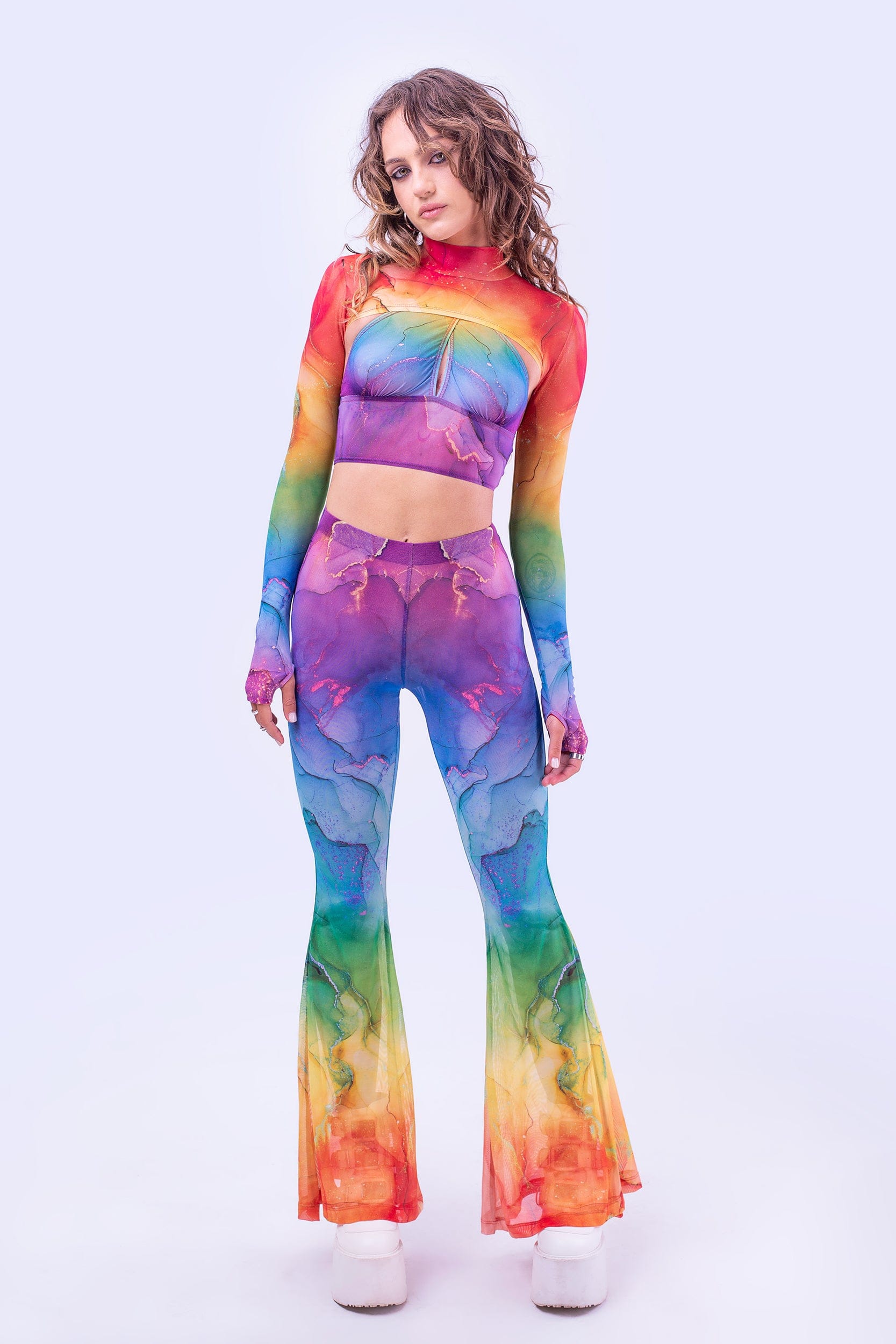 Rainbow Marble Sleeved Crossed Mesh Top