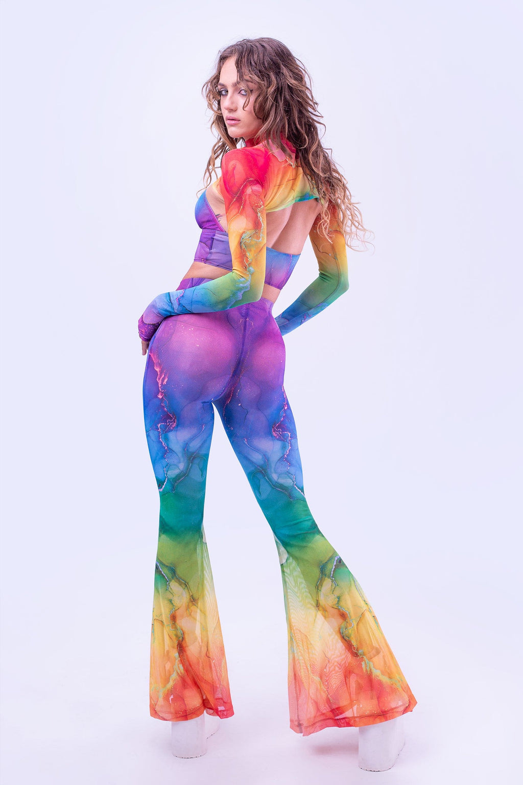Rainbow Marble Sleeved Crossed Mesh Top