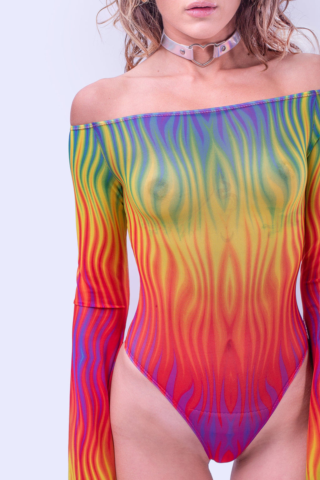 Rainbow Flame Bell Sleeve Mesh Bodysuit