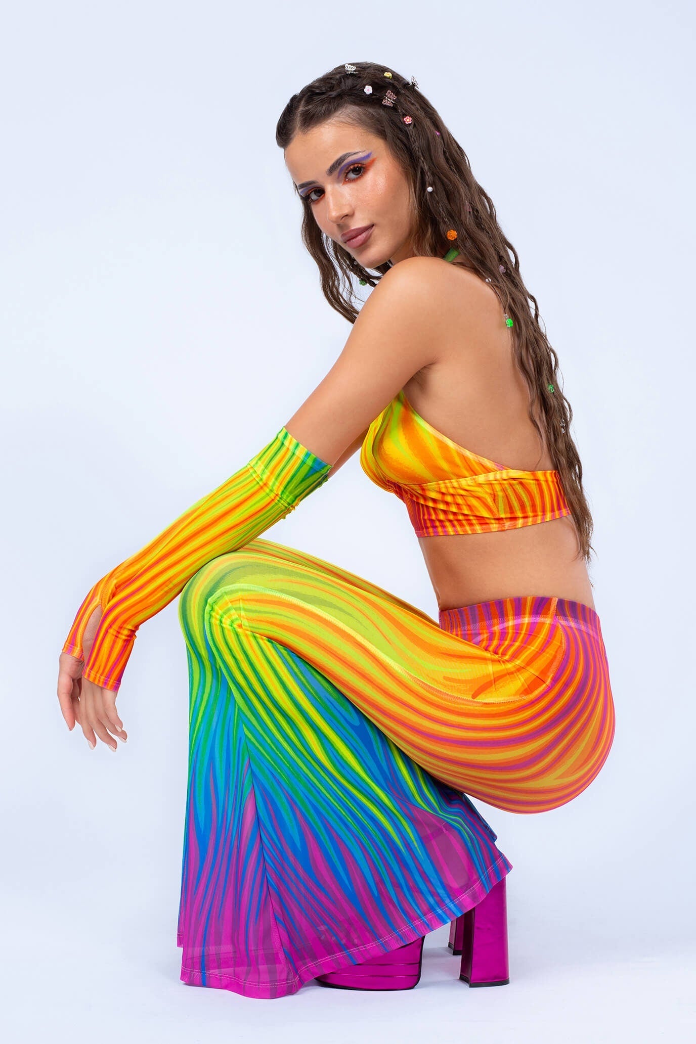 Neon Rainbow Flame Halter Top and Bell Bottom Set