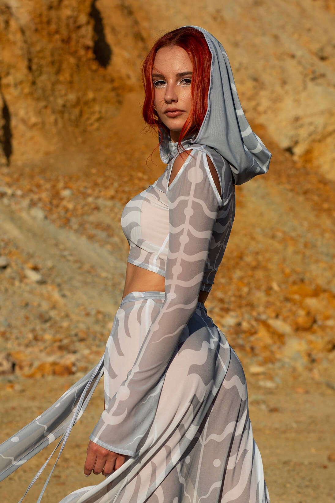 Atacama White Hooded Top and Slit Skirt Set
