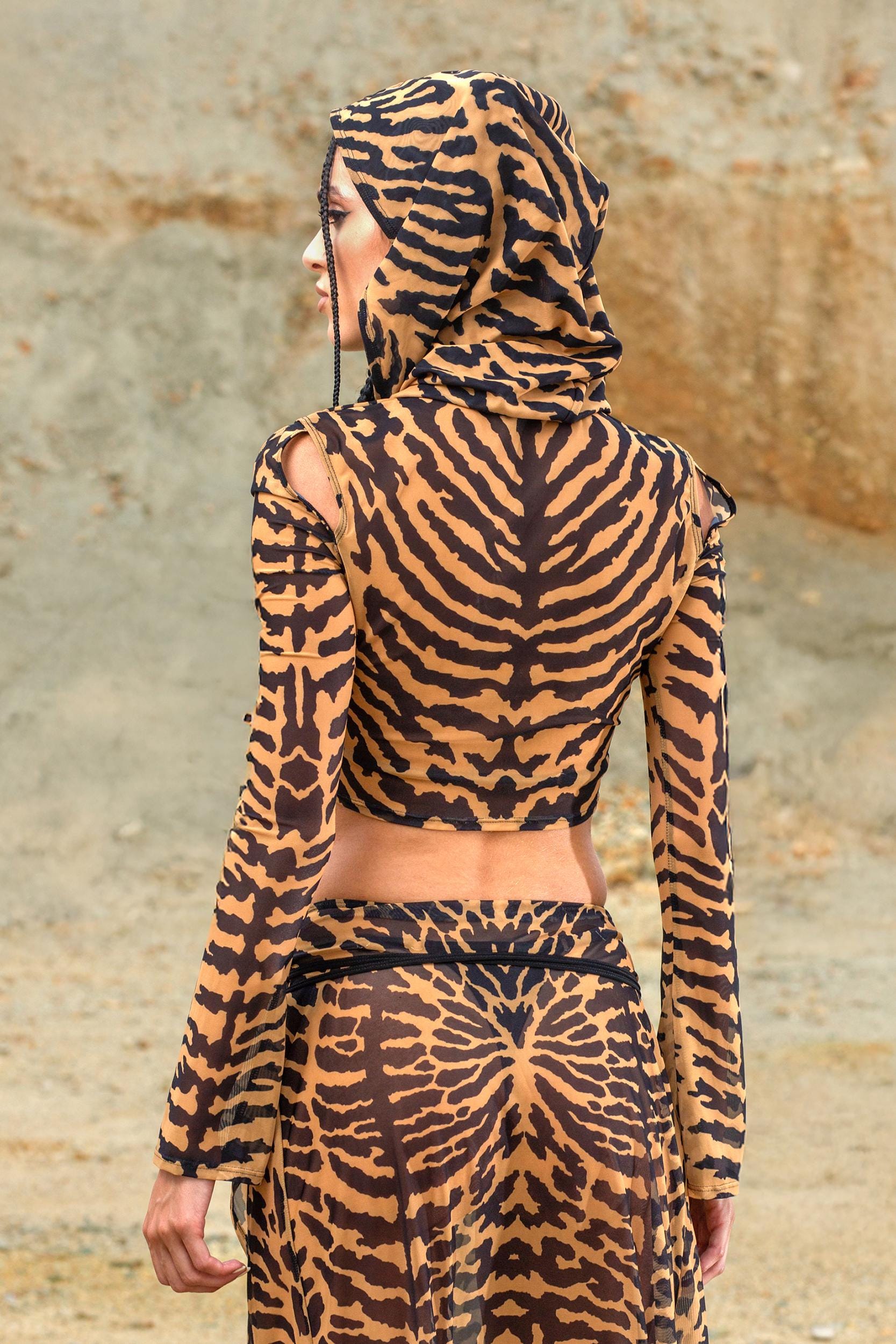 Wild Thread Mesh Hooded Top and Slit Skirt Set