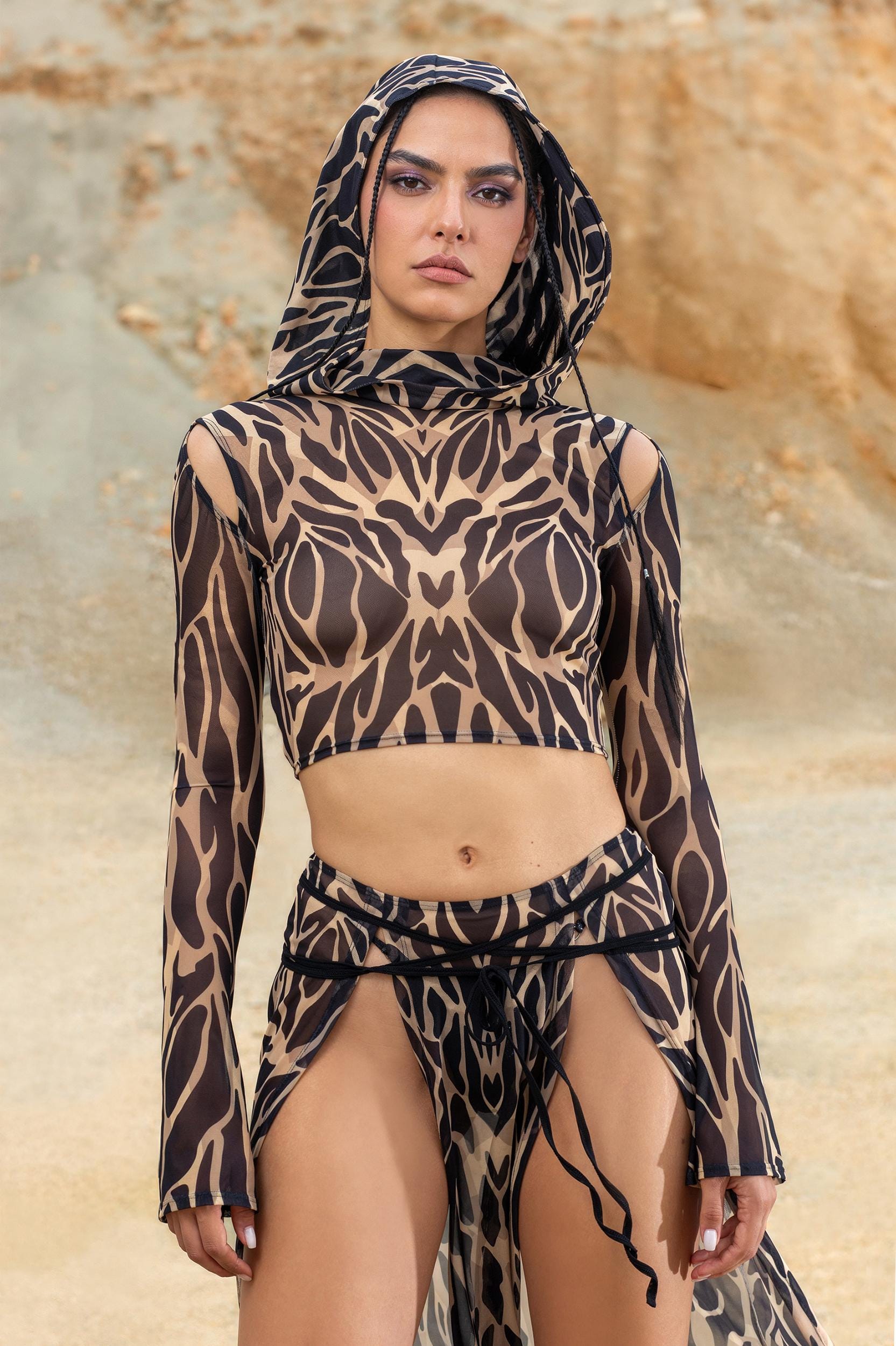 Animalistic Nude Mesh Hooded Top and Slit Skirt Set