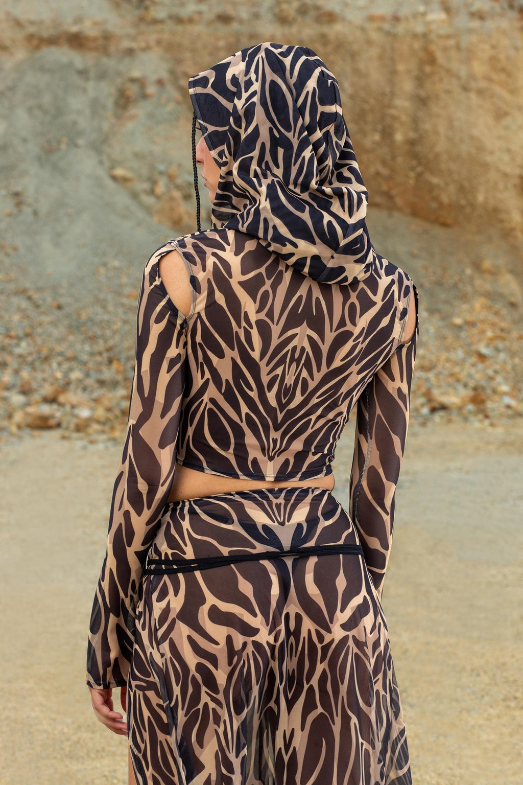 Animalistic Nude Mesh Hooded Top and Slit Skirt Set