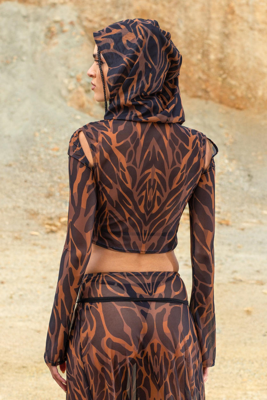 Animalistic Mesh Hooded Top and Slit Skirt Set