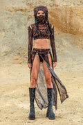 Animalistic Mesh Hooded Top and Slit Skirt Set