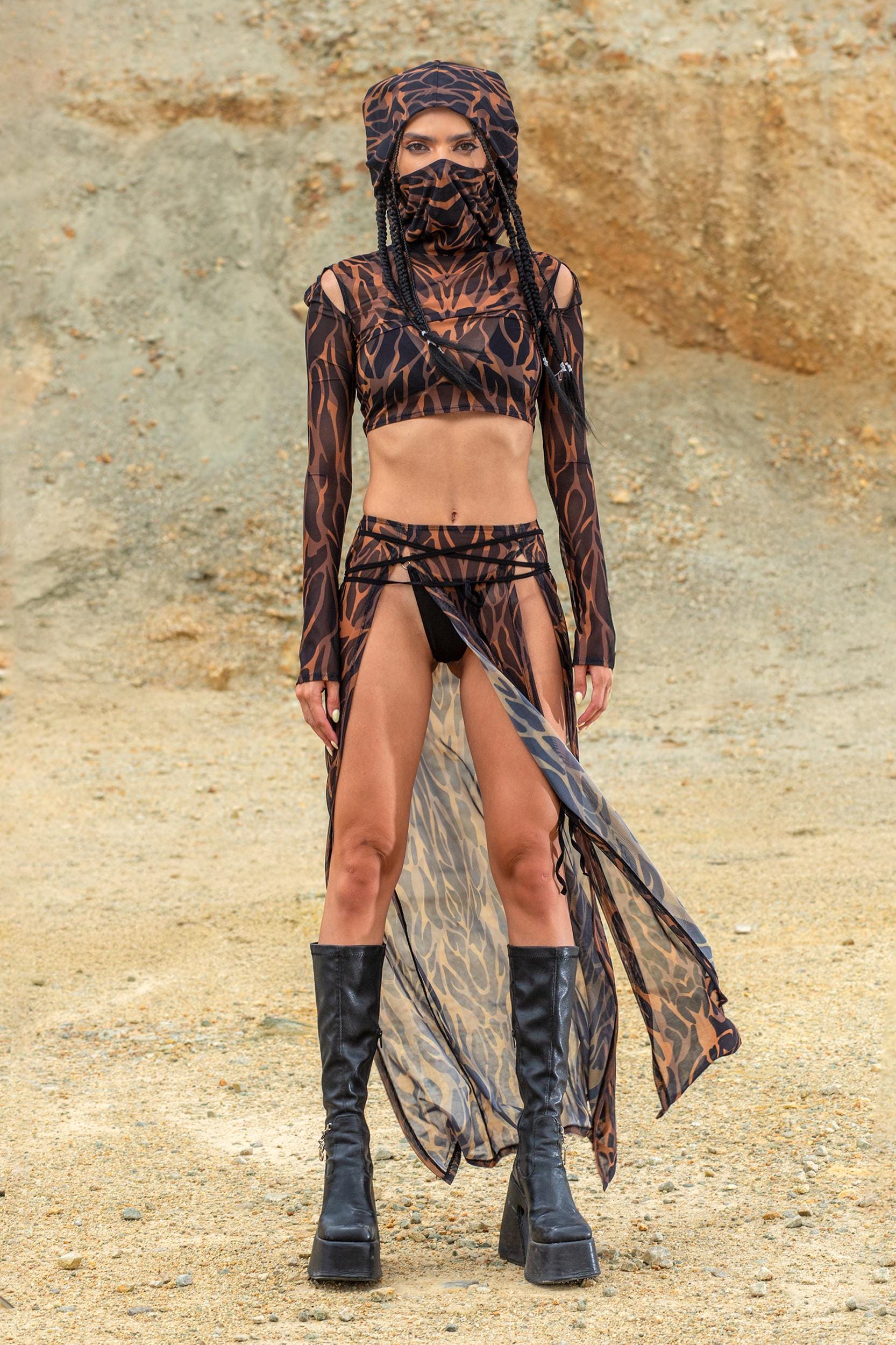 Animalistic Mesh Hooded Top and Slit Skirt Set
