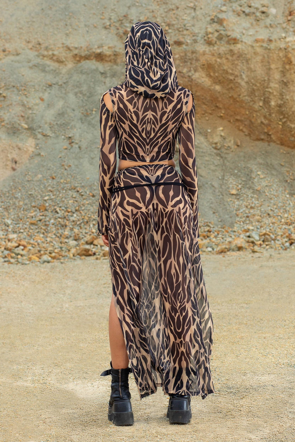 Animalistic Nude Mesh Hooded Top and Slit Skirt Set