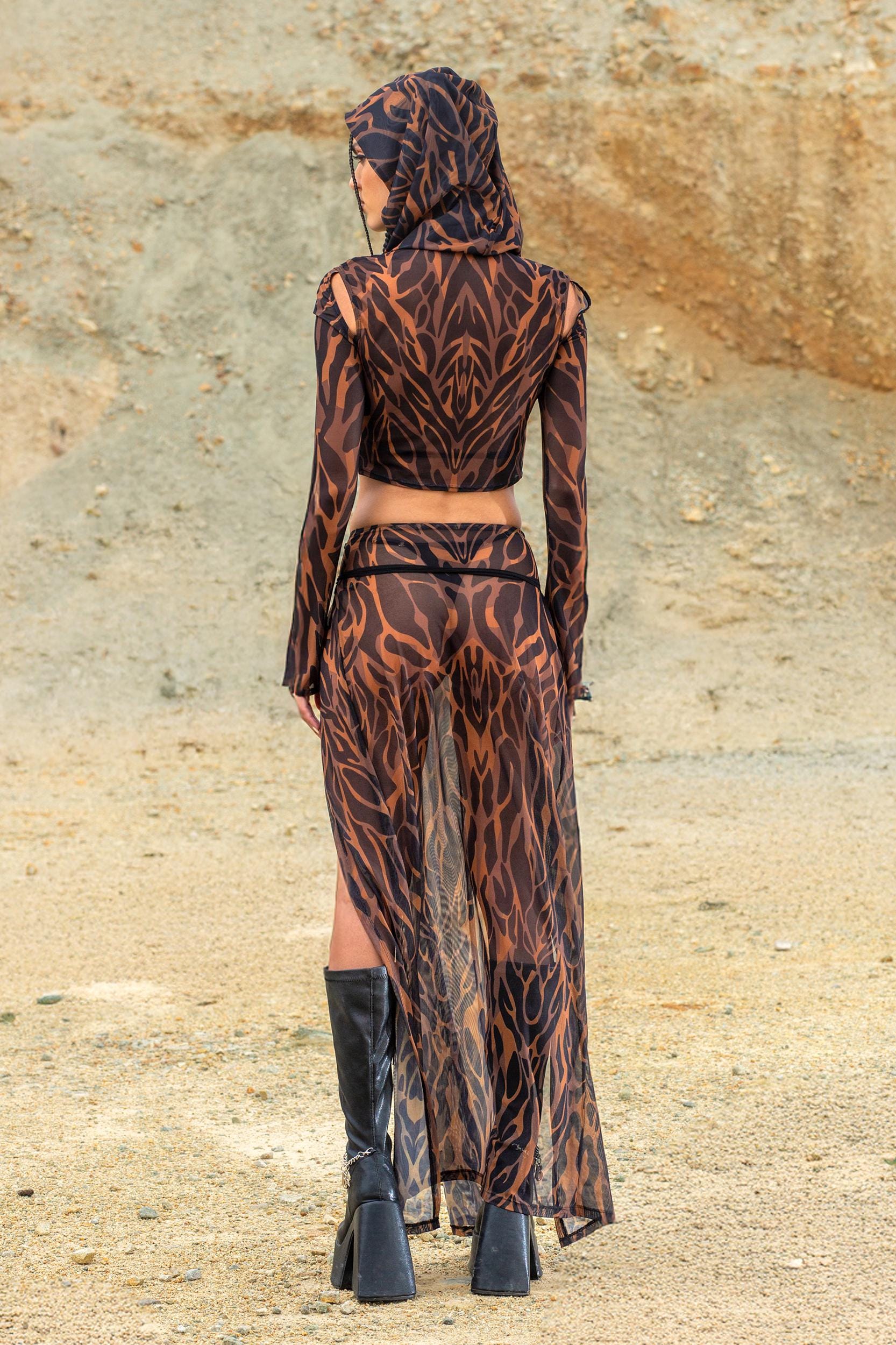 Animalistic Mesh Hooded Top and Slit Skirt Set