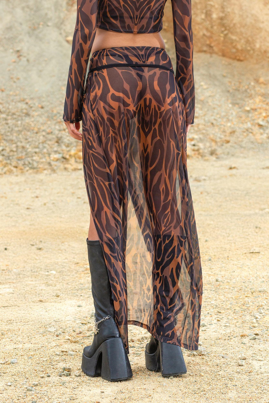 Animalistic Mesh Hooded Top and Slit Skirt Set
